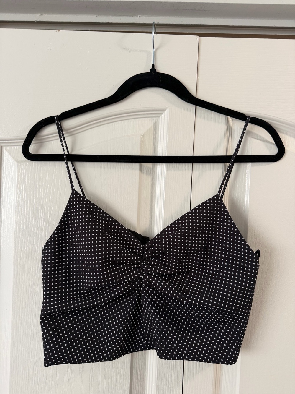 Alice + Olivia Black Polka Dot Ruched Spaghetti Strap Crop Top